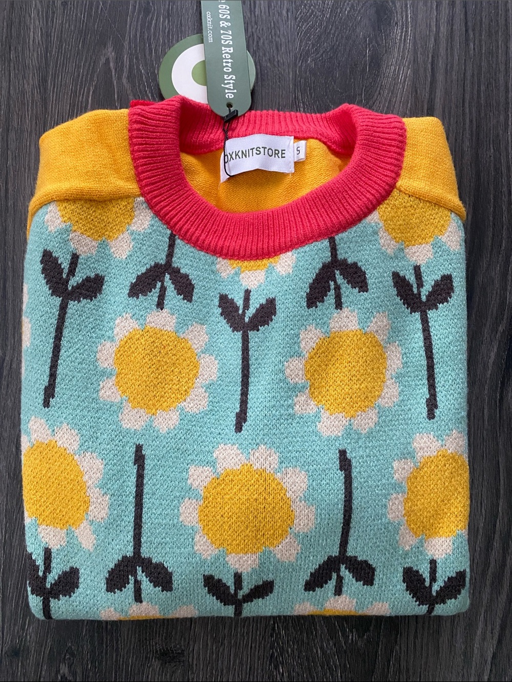 Oxknit Women's Floral Crewneck Sweater in Yellow & Teal - Picture 8 of 9
